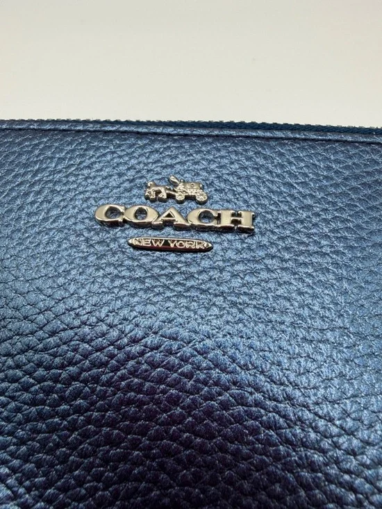 Coach Navy Pebbled Leather Wristlet with Silver Hardware - Picture 3 of 8
